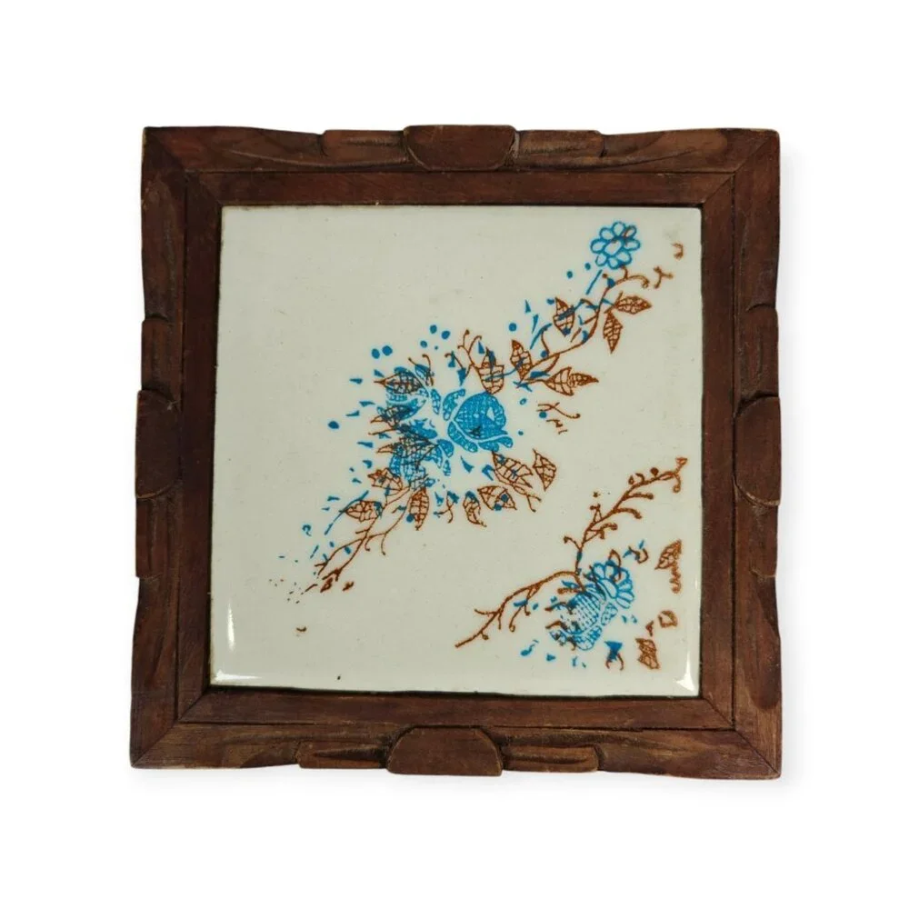 Vintage Orion Trivet Monterey Mexico Ceramic Tile Blue White Carved Wood Framed